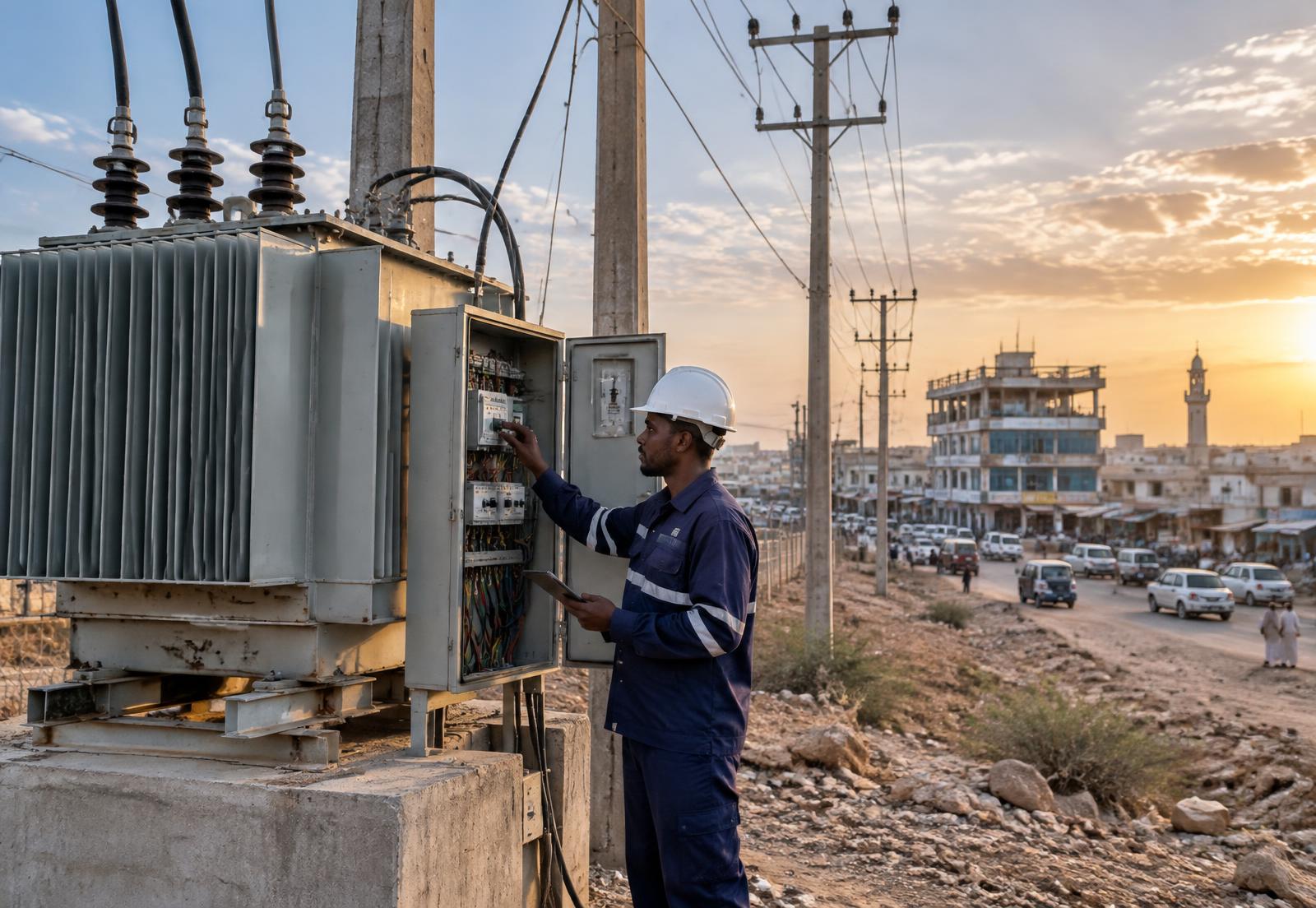 Technician inspecting electrical distribution infrastructure in Galkayo