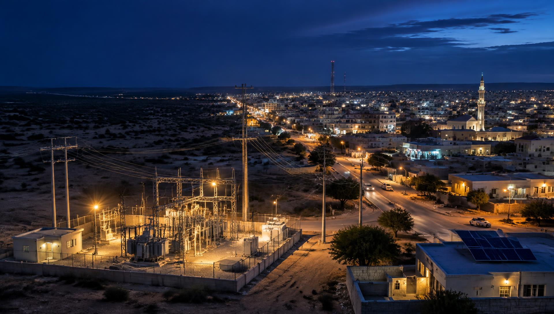 Electric grid and illuminated city in Puntland